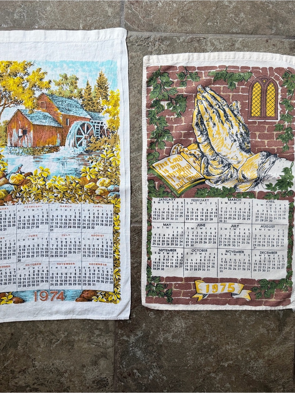 Vintage 1974 & 1975 Printed Linen Calendar Tea Towels Retro Wall Hanging
